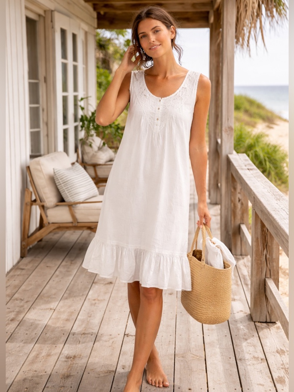 Intimate Moods White Cotton Nightgown Dress Lace Trim Sleeveless Cottagecore